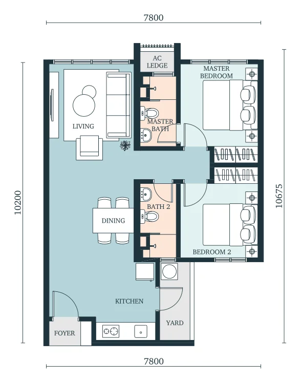 Type B floor plan, 775 sqft, 2 bedroom 2 bathroom layout