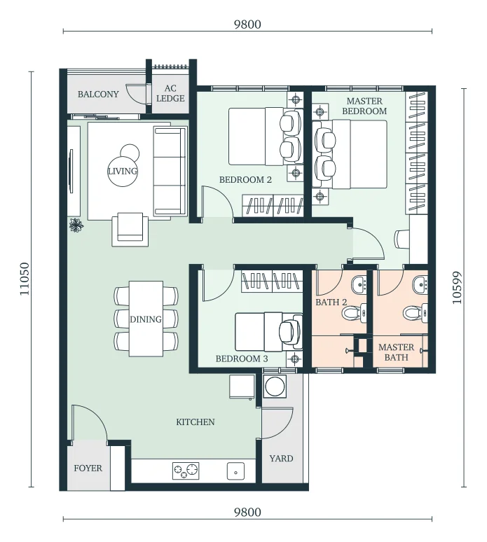 Type C floor plan, 1,022 sqft, 3 bedroom 2 bathroom layout