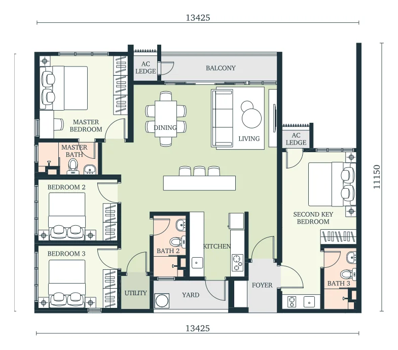 Type D floor plan, 1,420 sqft, 4 bedroom 3 bathroom dual-key layout