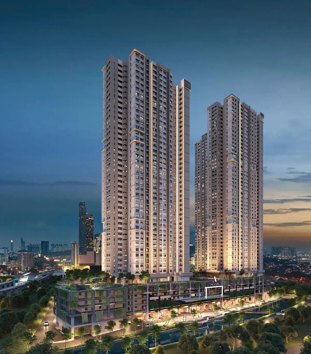 The Atera towers against the Petaling Jaya skyline at dusk